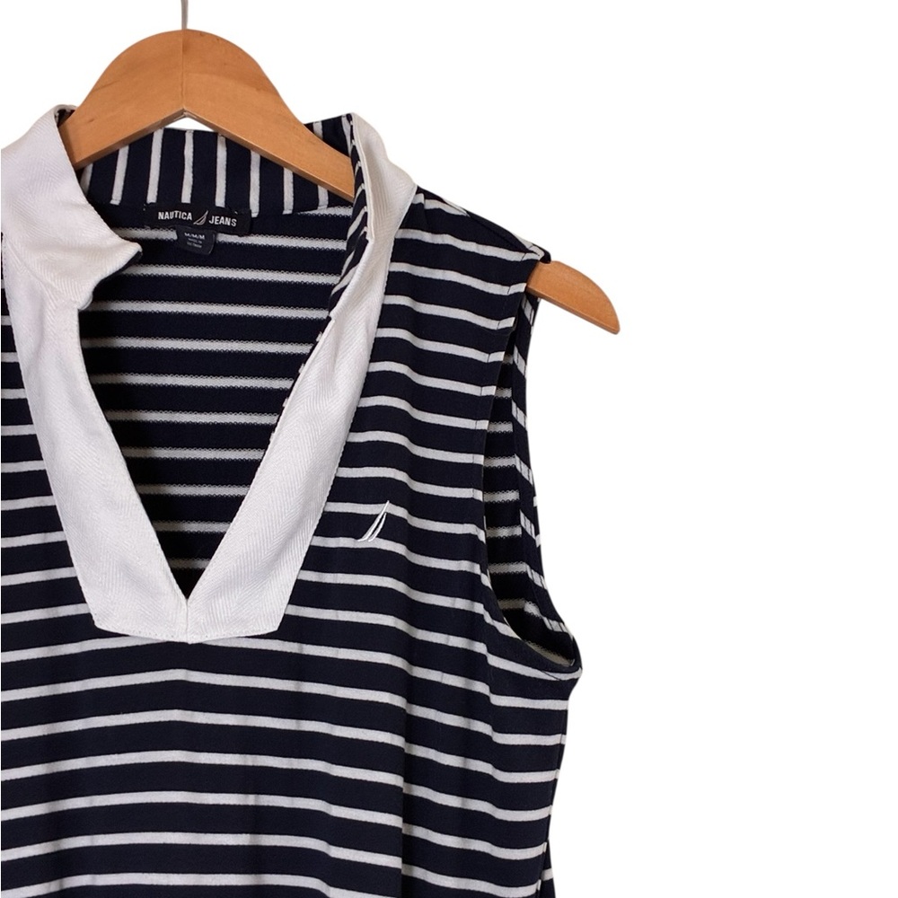 Nautica Jeans | Navy and white striped cotton collared v-neck tiered midi dress - Picture 5 of 14